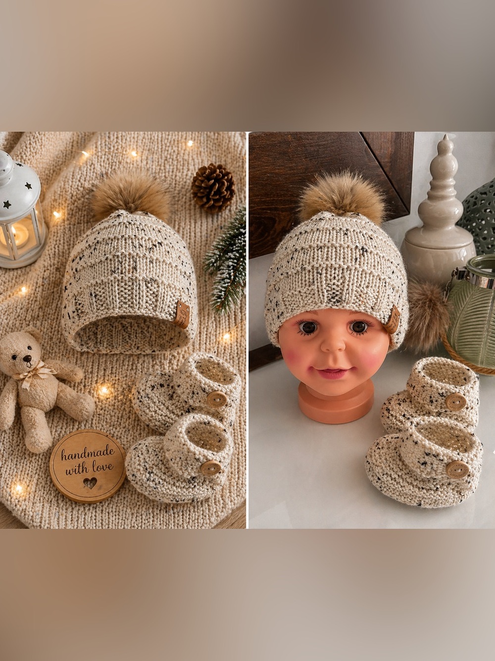 Hand-knitted Pom Beanie and Booties Set - Cream Speckled